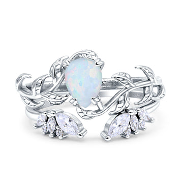 Art Deco Teardrop Pear Leaf Design Wedding Two Piece Ring Lab Created White Opal 925 Sterling Silver
